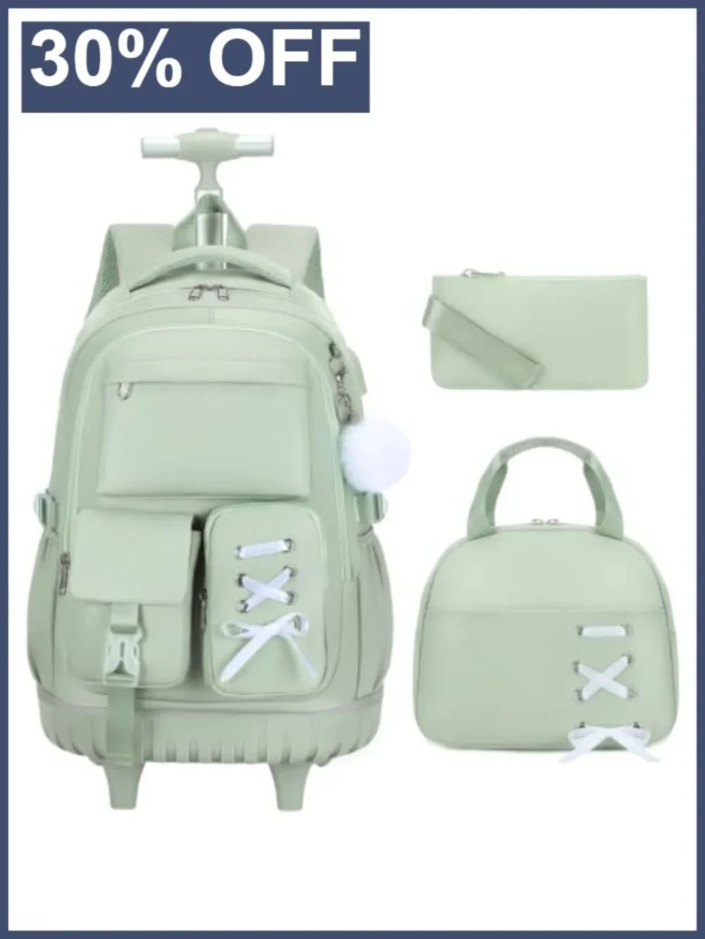 3Pc Rolling Backpack for Girls with Lunch Bag & Pencil Pouch USB Port